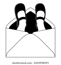 Female feet wearing Mary Jane shoes sticking out from a paper envelope. Funny design. Black and white silhouette.