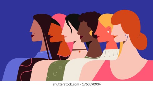 Female feminism illustration. Women all nationalities stand with their proud heads speaking out against patriarchy struggle for empowerment, international vector equality flat girls.