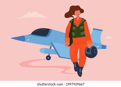 Female Fighter Pilot At Work. Flat Style Illustration Of Female Fighter Pilot Walking Out From Jet With Helmet On Hand