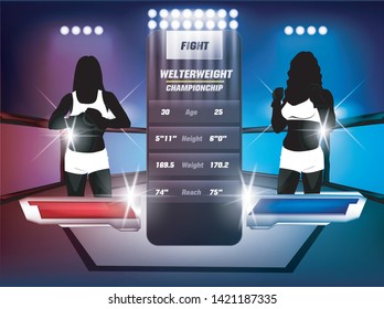 Female Fighters and martial arts fighting arena stage with red and blue style:mma 