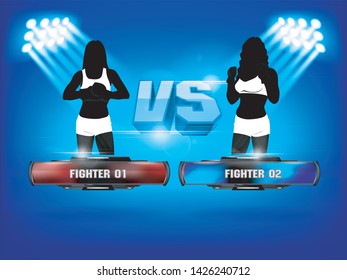 Female Fighters and martial arts fighting arena stage with red and blue style and white isolate:mma 