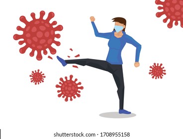 Female fighting with the coronavirus. Virus protection or health care concept. Vector illustration.