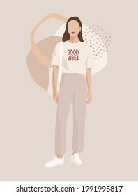 Female figure, abstract background. Girl in a white T-shirt with the inscription positive vibes. Canvas bag, beige pants. Long hair, makeup, accessories. Feminist illustration, fashion sketch, vector