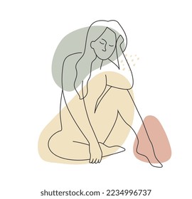 Frauenfigur abstrakt. Minimalistische Muster aus einer Linie. Melancholisches junges Mädchen sitzt, während ihr der Kopf auf der Hand ruht. Modell für Magazine, Poster oder Banner. Cartoon-Flavektor-Vektorgrafik