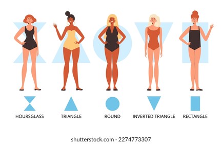 Female figure and body types and classification, flat vector illustration isolated on white background. Banner or poster depicting women of different body constitution.