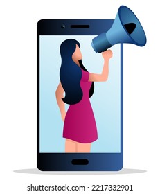 Female Figure Comes Out From Cellphone Using Megaphone, Influencer, Beauty Flogger, Self Promotion On Social Media, Vector Illustration