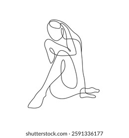 Female Figure Continuous One Line Drawing. Female Body Simple Linear Style. Abstract Female Silhouette in Editable Stroke. Doodle Contour Vector Illustration. Not AI