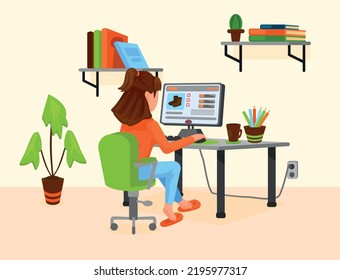 A Female Figure Doing Online Shopping And Research At Home And Office Desk. New Generation Habits, Online Shopping And Life Facilitation Concepts. Woman Using Laptop Flat Vector.
