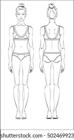 Female figure: front and back. Vector. Human body in linear style.