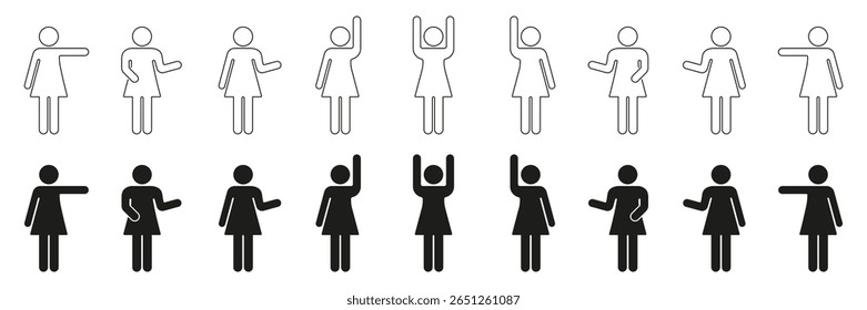 Female Figure Gesture Icon Set. Diverse Hand Movements And Poses Outline And Silhouette Symbol Collection. Communication And Body Language Representation. Isolated Vector Illustration. - Powered by Shutterstock - Get 15% off with code: PIKWIZARD15
