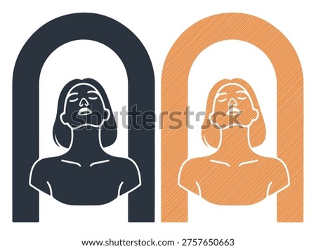 Female figure with head tilted up within an arch, self-reflection and tranquility theme
