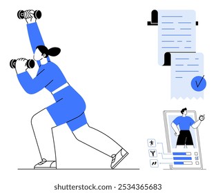 Female figure lifting dumbbells in athletic gear with fitness tracking elements like health report and fitness app on phone. Ideal for fitness, health, exercise, gym routine, workout tracking. Simple