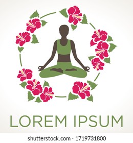 female figure in lotus yoga position surrounded by hibiscus flowers, vector logo template