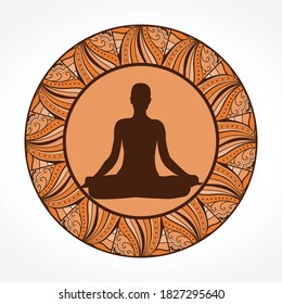 female figure in meditative pose inside sun mandala, vector