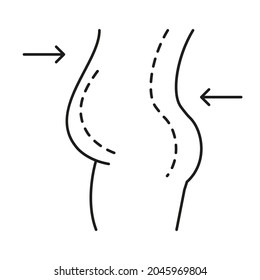 Female figure. Outline of young girl. Stylized slender body. Linear Art. Black and white vector illustration and icon. Contour of a slender figure. Plastic surgery