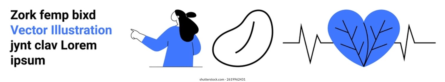 Female figure pointing, abstract shapes, and a heart with an ECG wave and branches in blue and black lines. Ideal for medical, health, fitness, wellness, education, technology, and presentations