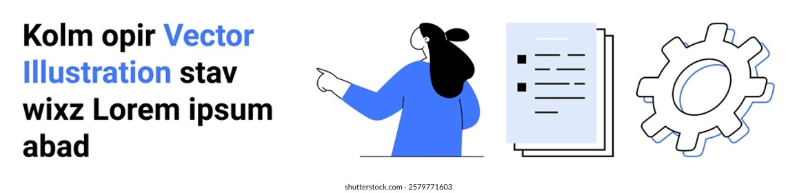 Female figure pointing at documents. Gear icon on the side. Ideal for business planning project management workflow process and strategy. Vector illustration with blue black and white colors. Banner