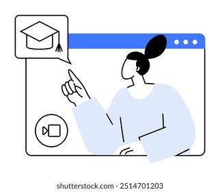 Female figure pointing at a graduation cap icon within a video call interface on a browser window. Ideal for education, online learning, webinars, virtual classrooms, e-learning platforms.