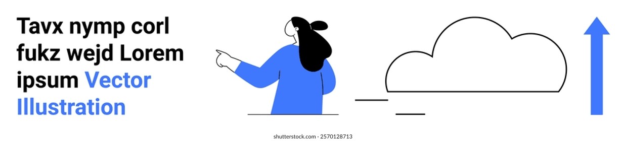 Female figure pointing right, blue shirt, high ponytail, cloud and upward arrow nearby. Ideal for business growth, progress, success, upward trends, innovation concepts. Banner for landing page