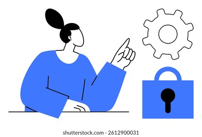 Female figure points to a gear symbol and padlock, highlighting security settings and privacy concepts. Ideal for technology, cybersecurity, user interface, privacy awareness, data protection
