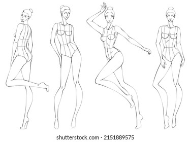 Female Figure Poses Template Croquis for Fashion Design. Vector Illustration