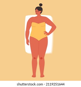 A female figure of the rectangle type. Cartoon chubby girl in a yellow strapless swimsuit. Vector stock illustration of a woman with wide shoulders isolated.