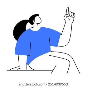 Weibliche Figur sitzt mit erhobenem Finger, was eine Idee oder Frage nahe legt. Ideal für Bildungsinhalte, Brainstorming, Präsentationen, Lehre und Diskussionen. Einfaches flaches Design.