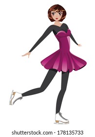Female figure skater with big eyes in pink dress on white background.