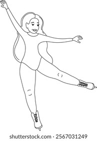 Female figure skater in a teal outfit performing a graceful pose on ice outline vector illustration. Her arms are extended upward with elegance, showcasing poise, balance, and artistry.