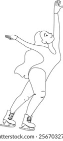 Female figure skater in a teal outfit performing a graceful pose on ice outline vector illustration. Her arms are extended upward with elegance, showcasing poise, balance, and artistry.