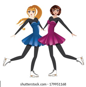 Female figure skaters, blonde in blue dress and brunette in pink one.