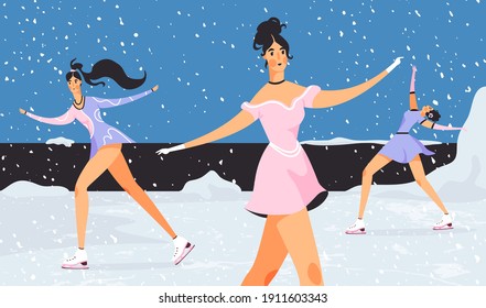 Female figure skaters on ice cartoon illustration. Winter competitive sport banner design. Character women, gymnastic, season activity printing card