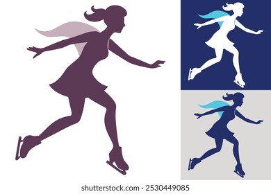 Female Figure Skating Silhouettes. Winter Sport and Athlete Icons - Isolated Vector Illustration on White and Blue Background