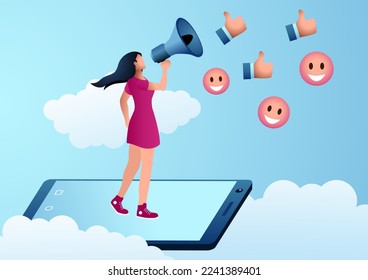 Female figure standing on smartphone using megaphone to attract likes on social media, influencer, beauty flogger, self promotion on social media, vector illustration