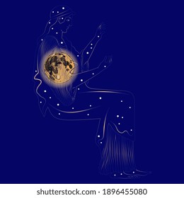 Female figure as starry night sky with full moon inside . Ancient Greek goddess Nyx or Selene. Female lunar energy. Creative concept.
