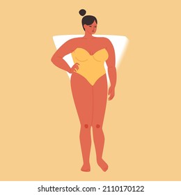 A female figure of the triangle type. Cartoon chubby girl in a yellow strapless swimsuit. Vector stock illustration of a woman with wide shoulders isolated.
