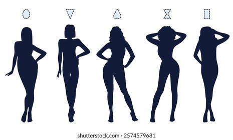 Female figure types silhouette. Women black silhouette, body structures. Chest, waist and hips proportion, geometric shapes, rectangle, triangle and hourglass, round and pear. Vector concept