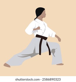  female figure in white karate attire practices her stance against 