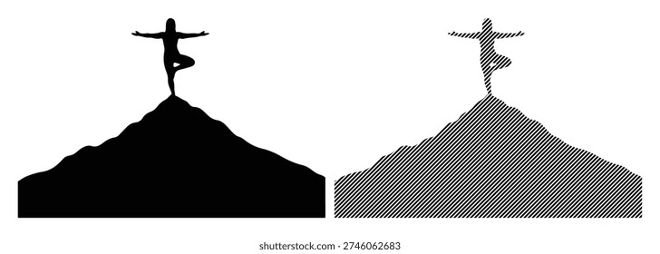 Female figure in yoga tree pose atop mountain peak, shown as solid black and striped design