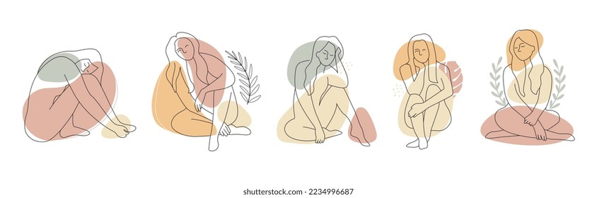 Gráficas femeninas conjunto abstracto. Colección de elementos de diseño minimalista para el sitio web. Estética y elegancia, moda y tendencia. Ilustraciones de caricaturas de vectores planos aisladas en fondo blanco