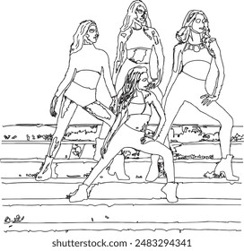 female figures friends dancing on the steps posing line art vector illustration