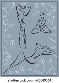 Female figures of lines of different thickness, painted with a stroke hand painted  by pen in vector, Against the background of modern contraception