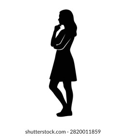 A female figure's profile captured in a contemplative stance suggesting decision-making or problem-solving. Ideal for business concepts and educational materials.