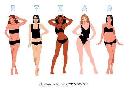 Female figures types. Beautiful women in underwear, body structure and proportions, chest, waist and hips volume ratio, rectangle, triangle and hourglass, pear and round. Cartoon tidy vector set