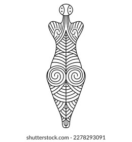 Female figurine from Cucuteni. Neolithic tattooed goddess. Black and white linear silhouette. Trypillia culture.