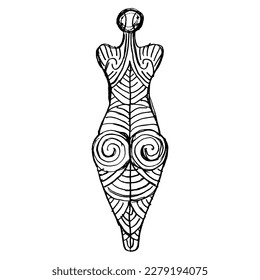 Female figurine from Cucuteni. Neolithic tattooed goddess. Trypillia culture. Hand drawn linear doodle rough sketch. Black silhouette on white background.