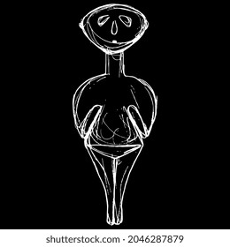 Female figurine of a fertility goddess from ancient Anatolia in Turkey. Great Mother of Asia Minor. Hand drawn linear doodle rough sketch. White silhouette on black background.