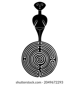 Female figurine of a fertility goddess on top of a round spiral maze or labyrinth symbol. Great Mother of Asia Minor from ancient Anatolia in Turkey. Creative concept. Black and white silhouette.