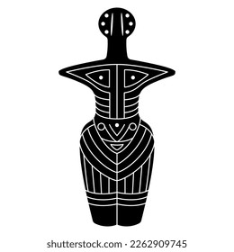 Female figurine of a goddess with geometrical ornament on body. Neolithic pagan idol from Cucuteni, Romania. Trypillia or Tripolye culture. Great Mother archetype. Black and white negative silhouette.