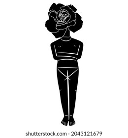 Female figurine with head as a rose. Cycladic idol. Fantastic creative concept. Woman as a flower. Black and white negative silhouette.